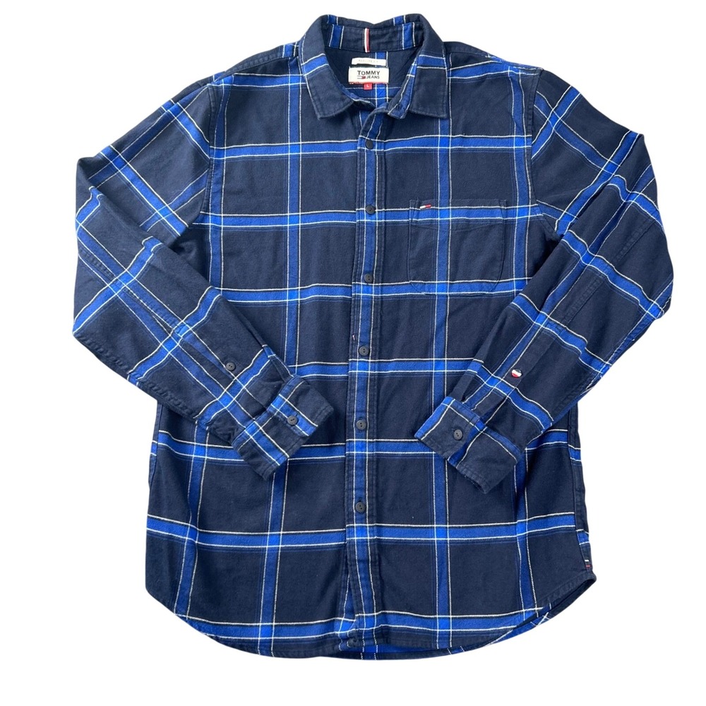 Tommy Jeans Mens Large Blue Plaid Flannel Button Down Shirt Regular Fit Cotton